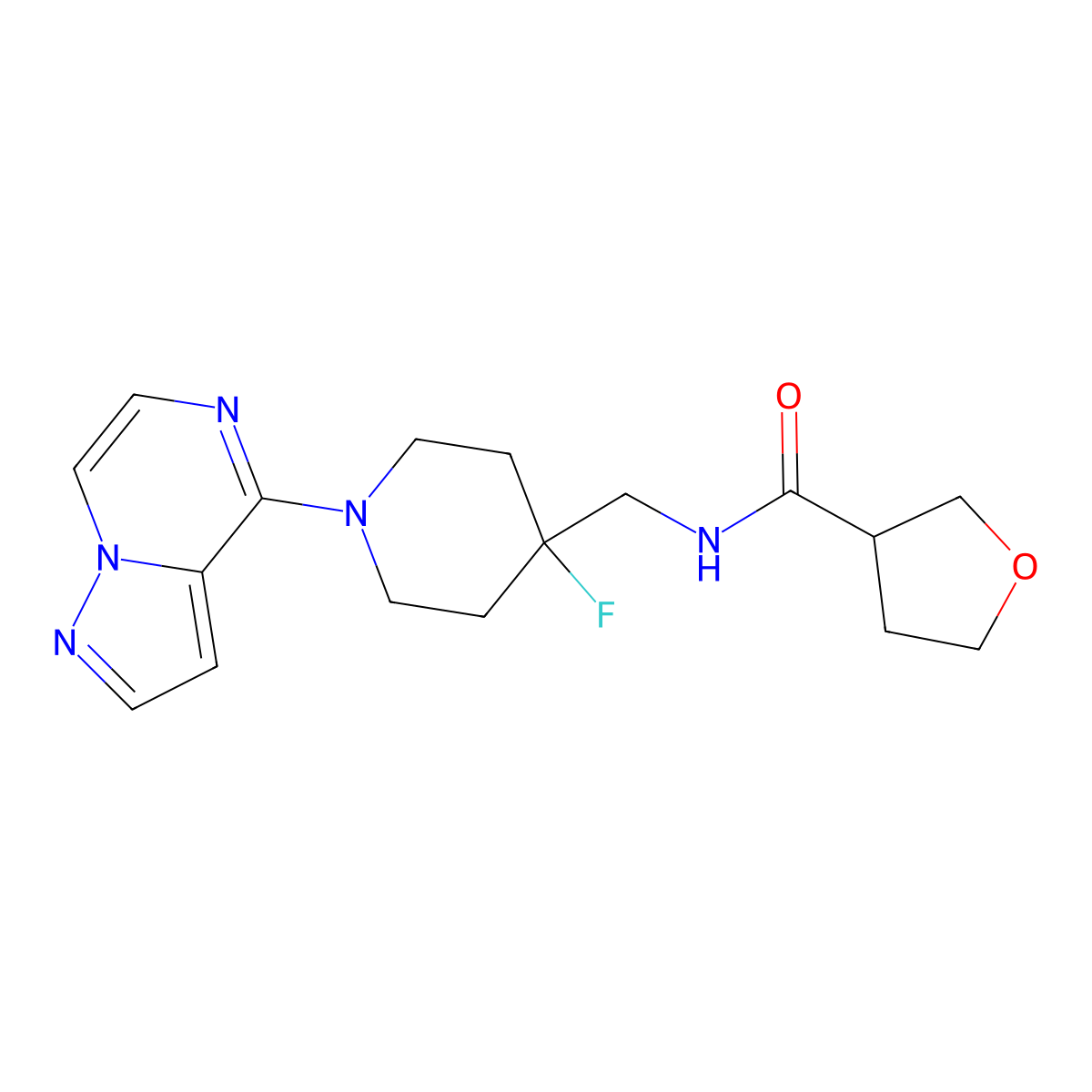 N-[(4-fluoro-1-{pyrazolo[1,5-a]pyrazin-4-yl}piperidin-4-yl)methyl]oxolane-3-carboxamide molecular structure, CAS 2877709-02-7