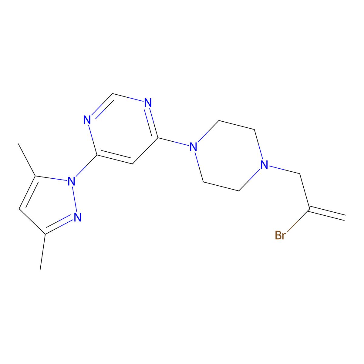 4-[4-(2-bromoprop-2-en-1-yl)piperazin-1-yl]-6-(3,5-dimethyl-1H-pyrazol-1-yl)pyrimidine molecular structure, CAS 2877709-04-9