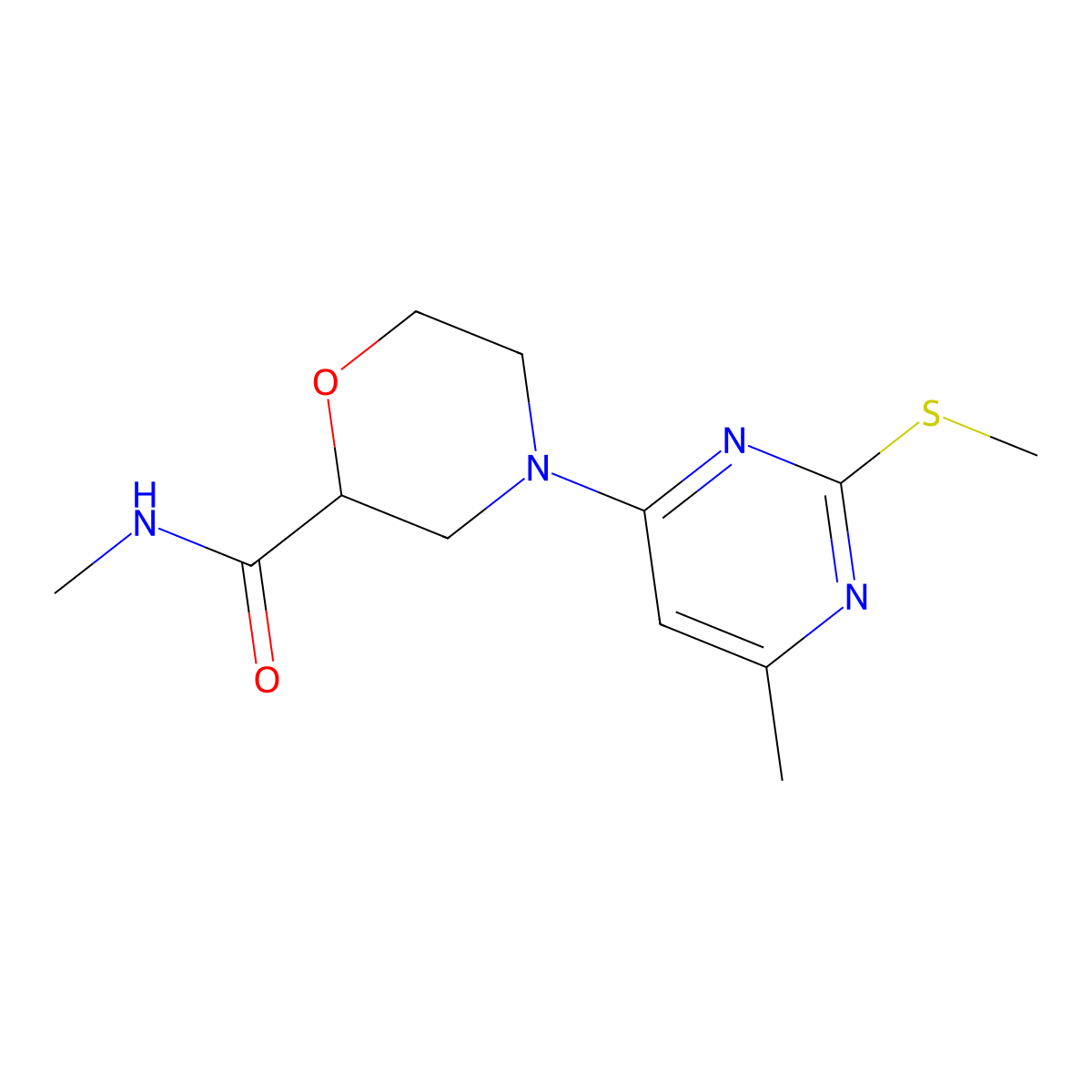 N-methyl-4-[6-methyl-2-(methylsulfanyl)pyrimidin-4-yl]morpholine-2-carboxamide molecular structure, CAS 2877709-05-0