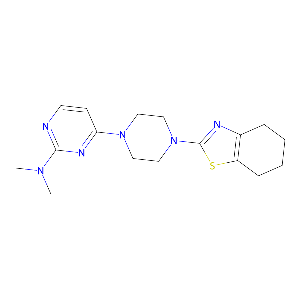 N,N-dimethyl-4-[4-(4,5,6,7-tetrahydro-1,3-benzothiazol-2-yl)piperazin-1-yl]pyrimidin-2-amine molecular structure, CAS 2877709-11-8