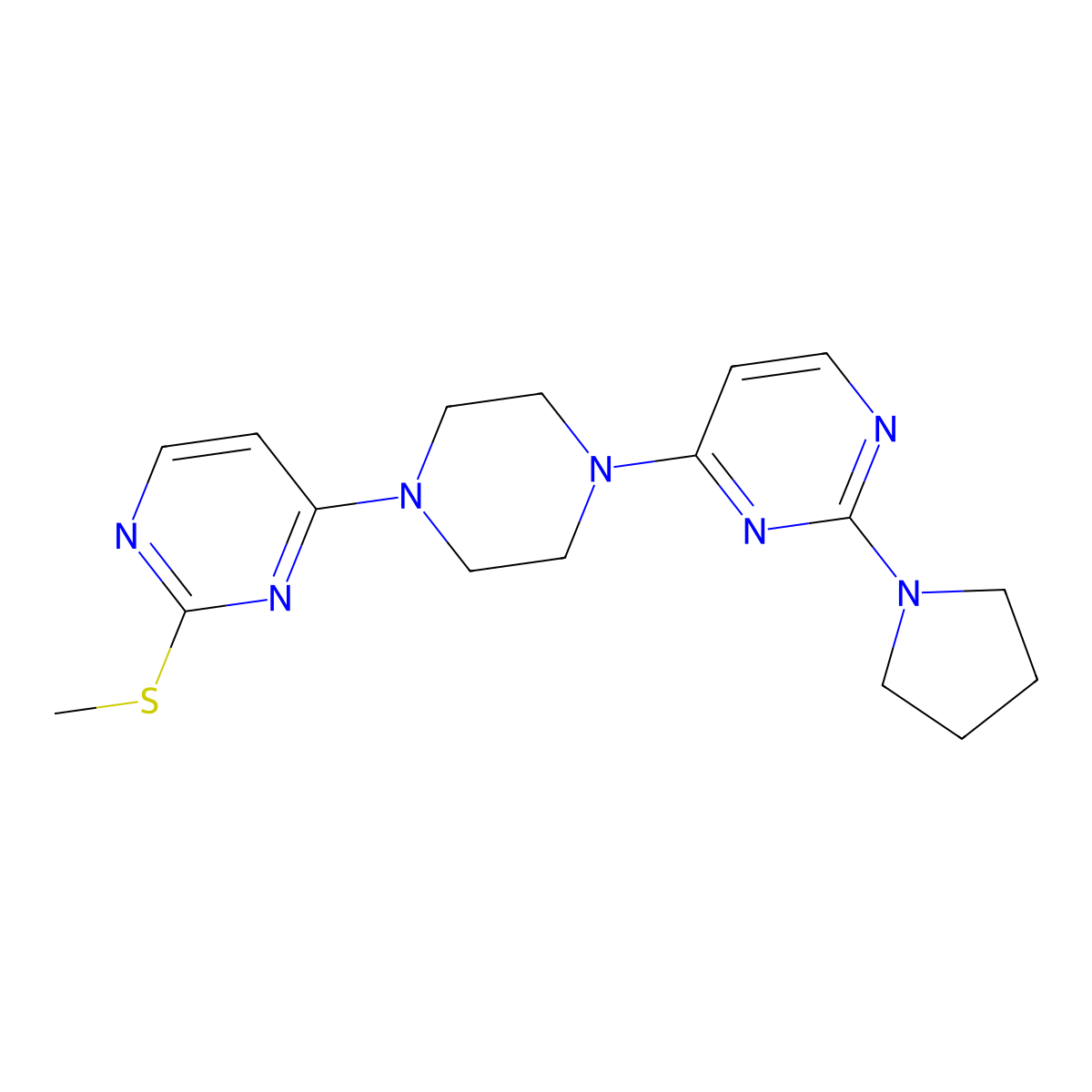 4-{4-[2-(Methylsulfanyl)pyrimidin-4-yl]piperazin-1-yl}-2-(pyrrolidin-1-yl)pyrimidine molecular structure, CAS 2877709-13-0