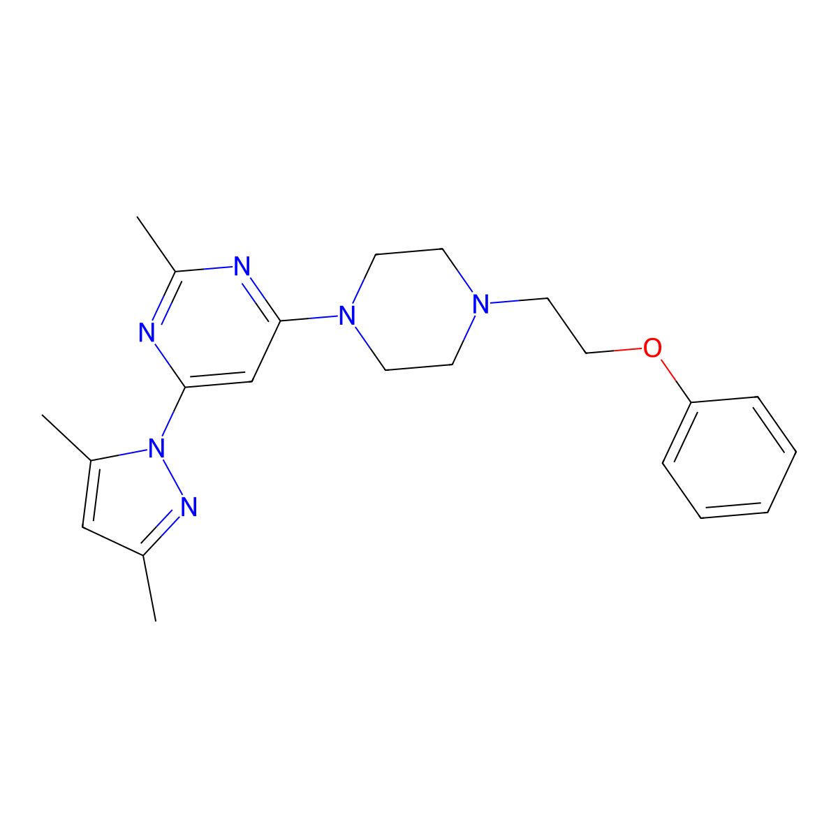 4-(3,5-dimethyl-1H-pyrazol-1-yl)-2-methyl-6-[4-(2-phenoxyethyl)piperazin-1-yl]pyrimidine molecular structure, CAS 2877709-14-1
