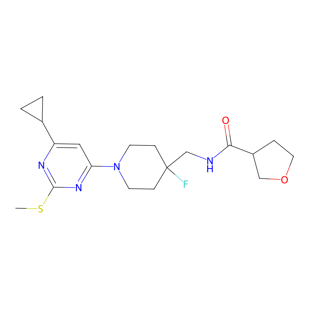 N-({1-[6-cyclopropyl-2-(methylsulfanyl)pyrimidin-4-yl]-4-fluoropiperidin-4-yl}methyl)oxolane-3-carboxamide molecular structure, CAS 2877709-16-3