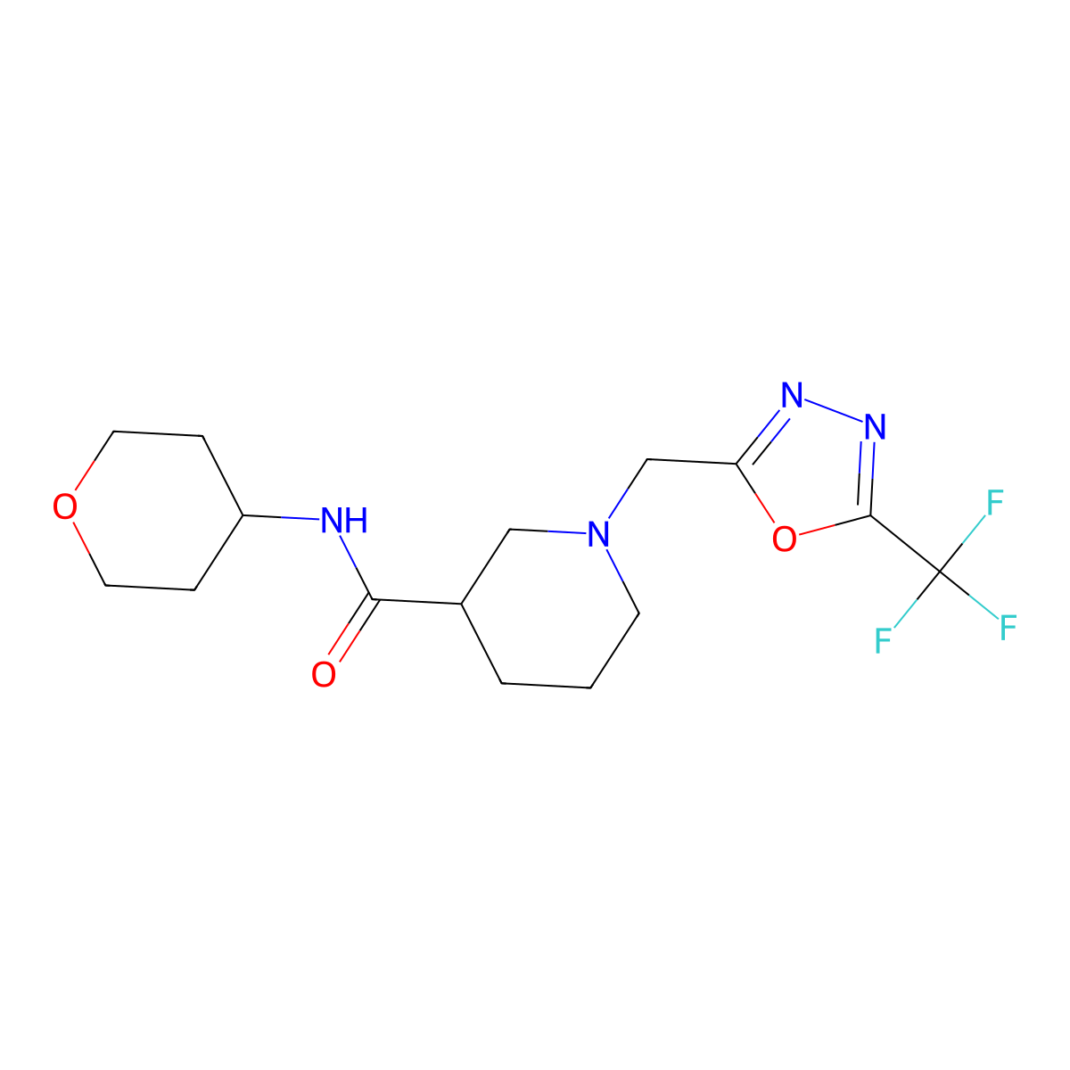 N-(oxan-4-yl)-1-{[5-(trifluoromethyl)-1,3,4-oxadiazol-2-yl]methyl}piperidine-3-carboxamide molecular structure, CAS 2877709-23-2