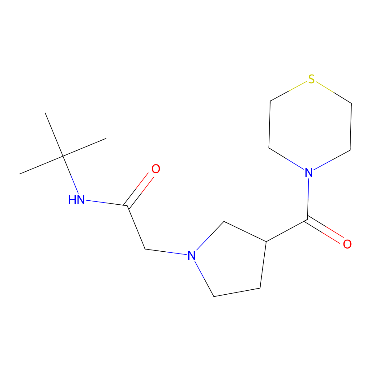N-tert-butyl-2-[3-(thiomorpholine-4-carbonyl)pyrrolidin-1-yl]acetamide molecular structure, CAS 2877709-24-3