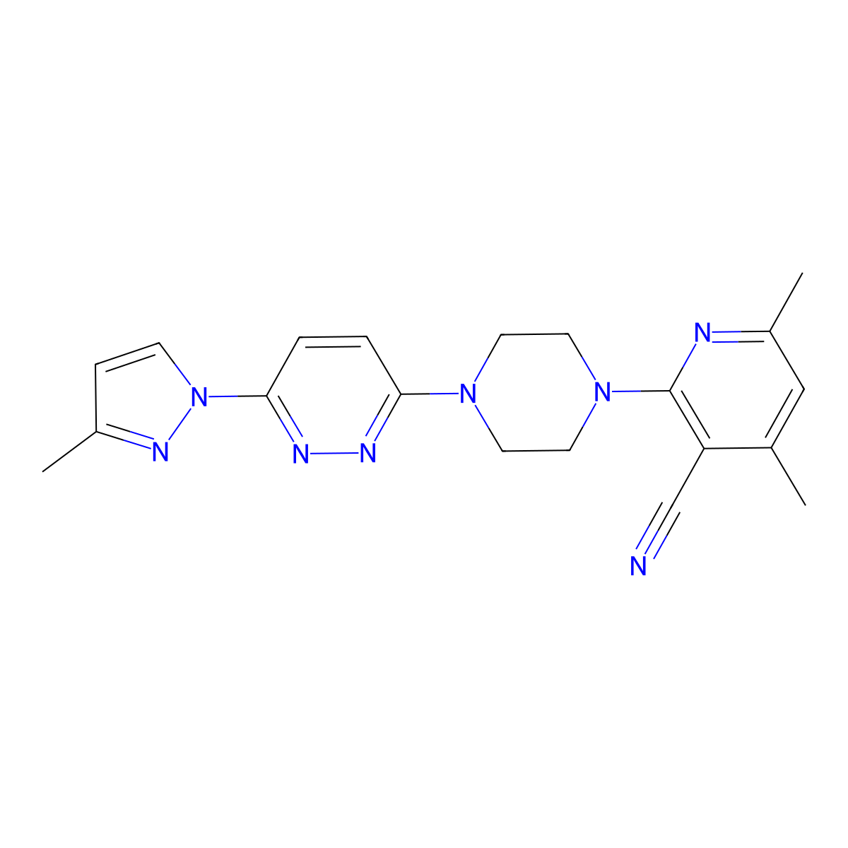 4,6-dimethyl-2-{4-[6-(3-methyl-1H-pyrazol-1-yl)pyridazin-3-yl]piperazin-1-yl}pyridine-3-carbonitrile molecular structure, CAS 2877709-31-2