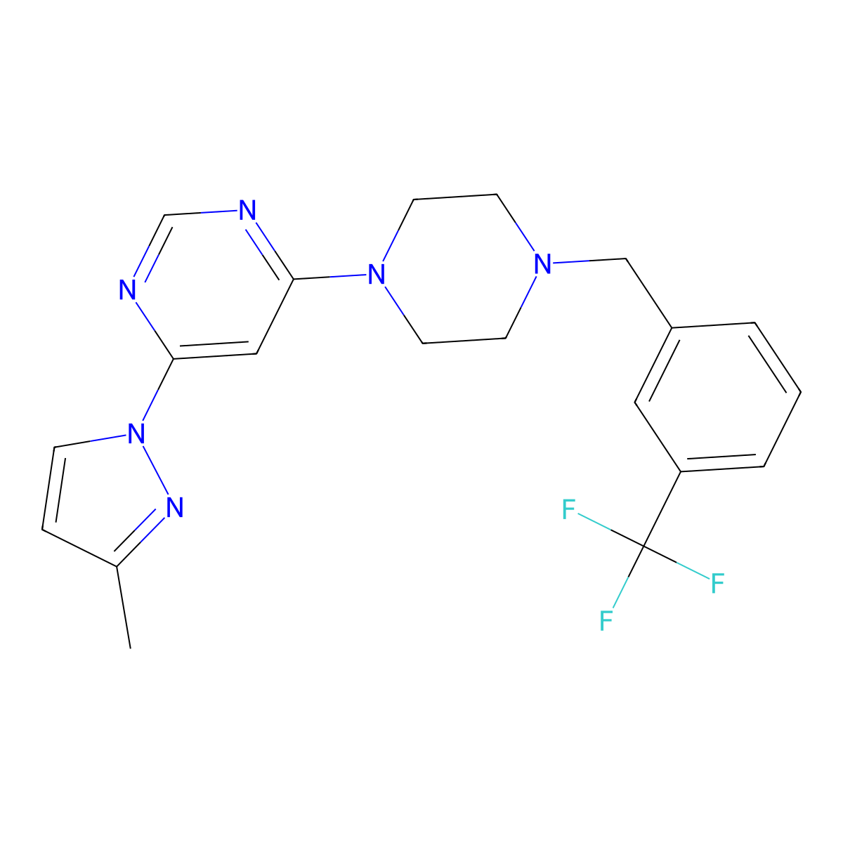 4-(3-methyl-1H-pyrazol-1-yl)-6-(4-{[3-(trifluoromethyl)phenyl]methyl}piperazin-1-yl)pyrimidine molecular structure, CAS 2877709-33-4