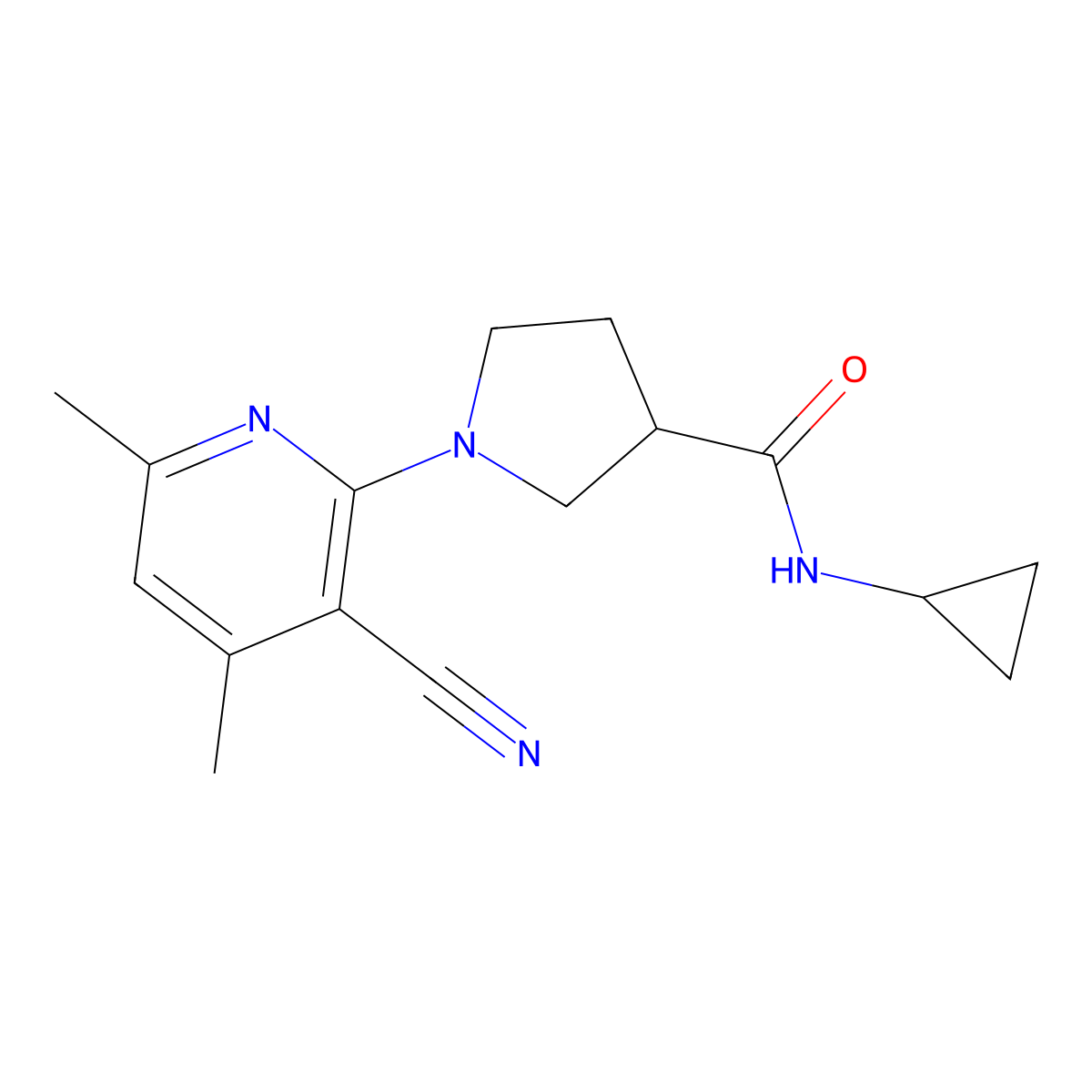 1-(3-cyano-4,6-dimethylpyridin-2-yl)-N-cyclopropylpyrrolidine-3-carboxamide molecular structure, CAS 2877709-39-0