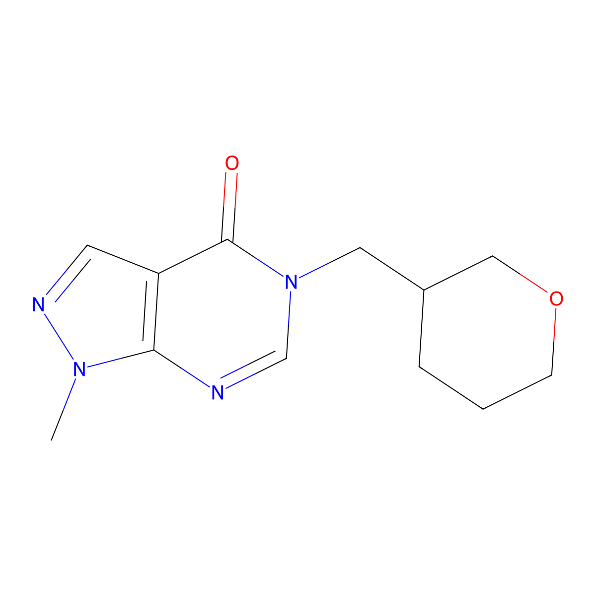 1-methyl-5-[(oxan-3-yl)methyl]-1H,4H,5H-pyrazolo[3,4-d]pyrimidin-4-one molecular structure, CAS 2877709-54-9