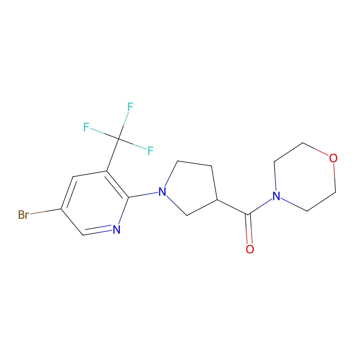 4-{1-[5-Bromo-3-(trifluoromethyl)pyridin-2-yl]pyrrolidine-3-carbonyl}morpholine molecular structure, CAS 2877709-97-0