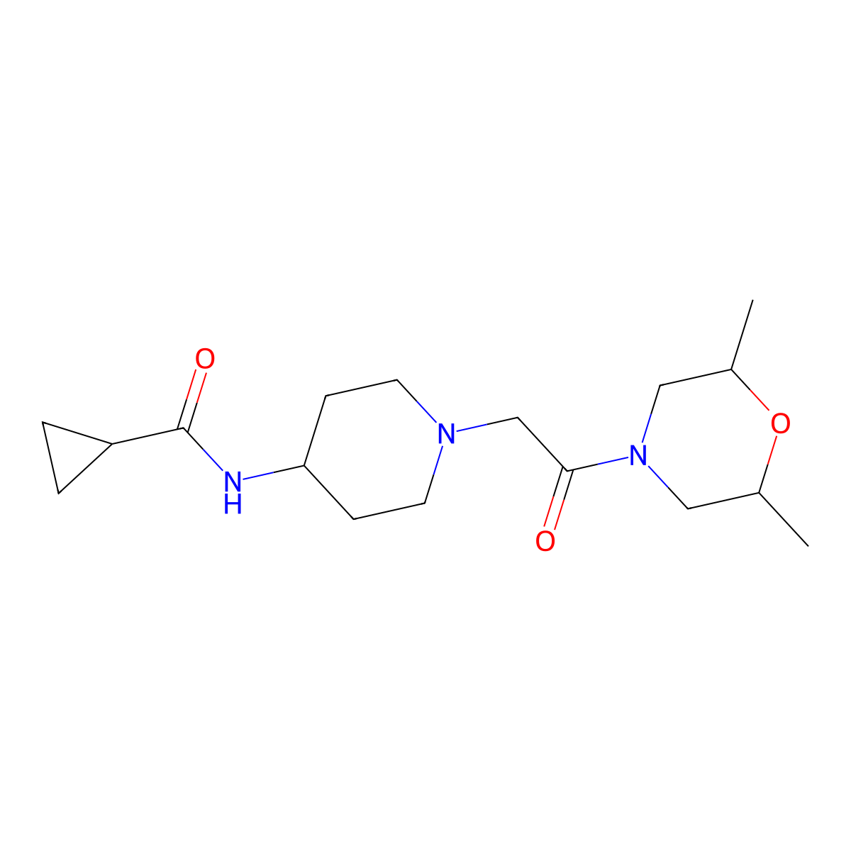 N-{1-[2-(2,6-dimethylmorpholin-4-yl)-2-oxoethyl]piperidin-4-yl}cyclopropanecarboxamide molecular structure, CAS 2877709-98-1