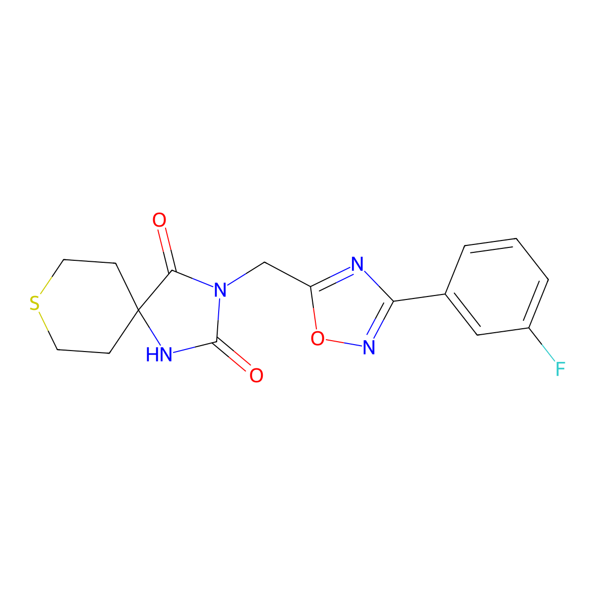 3-{[3-(3-Fluorophenyl)-1,2,4-oxadiazol-5-yl]methyl}-8-thia-1,3-diazaspiro[4.5]decane-2,4-dione molecular structure, CAS 2877710-07-9