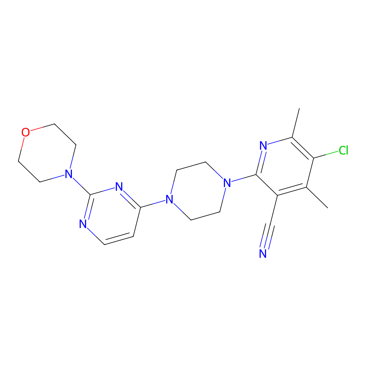 5-Chloro-4,6-dimethyl-2-{4-[2-(morpholin-4-yl)pyrimidin-4-yl]piperazin-1-yl}pyridine-3-carbonitrile molecular structure, CAS 2877710-14-8