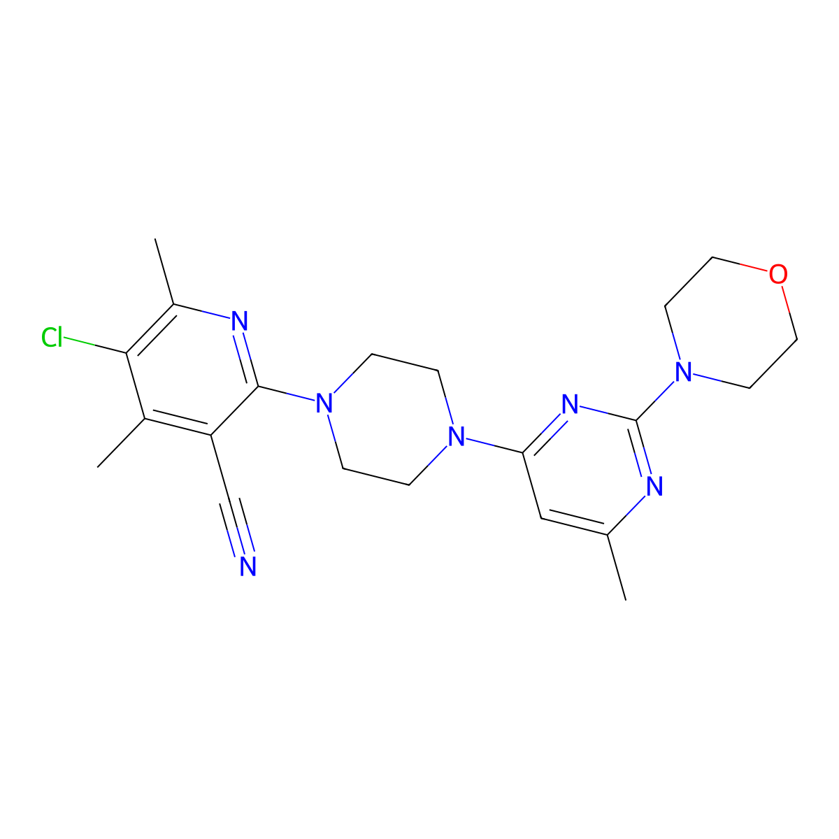 5-Chloro-4,6-dimethyl-2-{4-[6-methyl-2-(morpholin-4-yl)pyrimidin-4-yl]piperazin-1-yl}pyridine-3-carbonitrile molecular structure, CAS 2877710-17-1