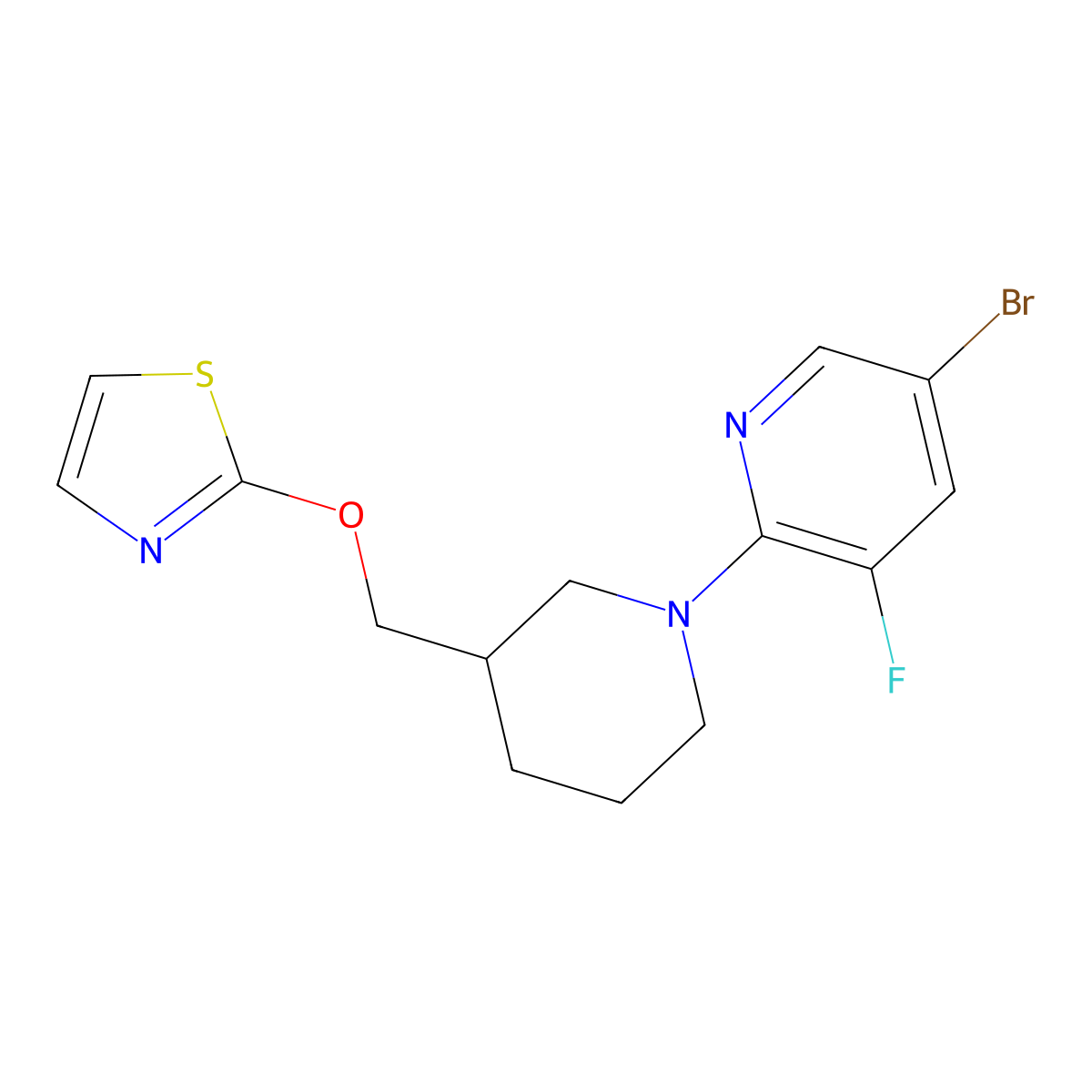 5-Bromo-3-fluoro-2-{3-[(1,3-thiazol-2-yloxy)methyl]piperidin-1-yl}pyridine molecular structure, CAS 2877710-24-0