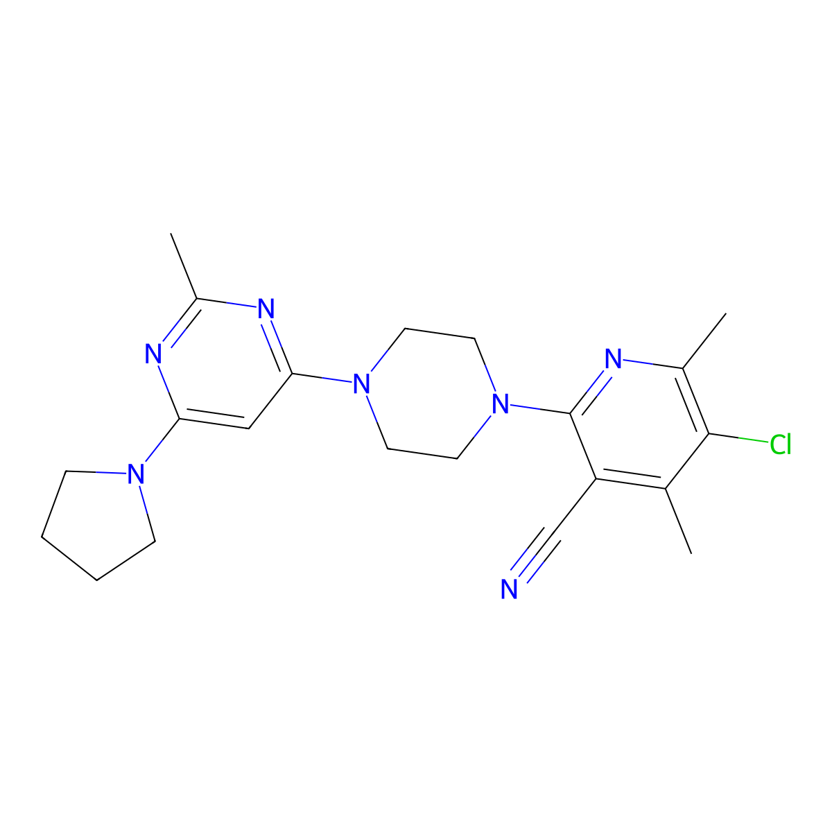 5-Chloro-4,6-dimethyl-2-{4-[2-methyl-6-(pyrrolidin-1-yl)pyrimidin-4-yl]piperazin-1-yl}pyridine-3-carbonitrile molecular structure, CAS 2877710-30-8