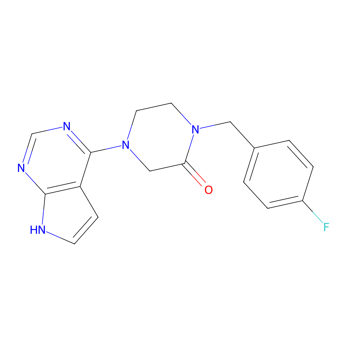 1-[(4-fluorophenyl)methyl]-4-{7H-pyrrolo[2,3-d]pyrimidin-4-yl}piperazin-2-one molecular structure, CAS 2877710-45-5