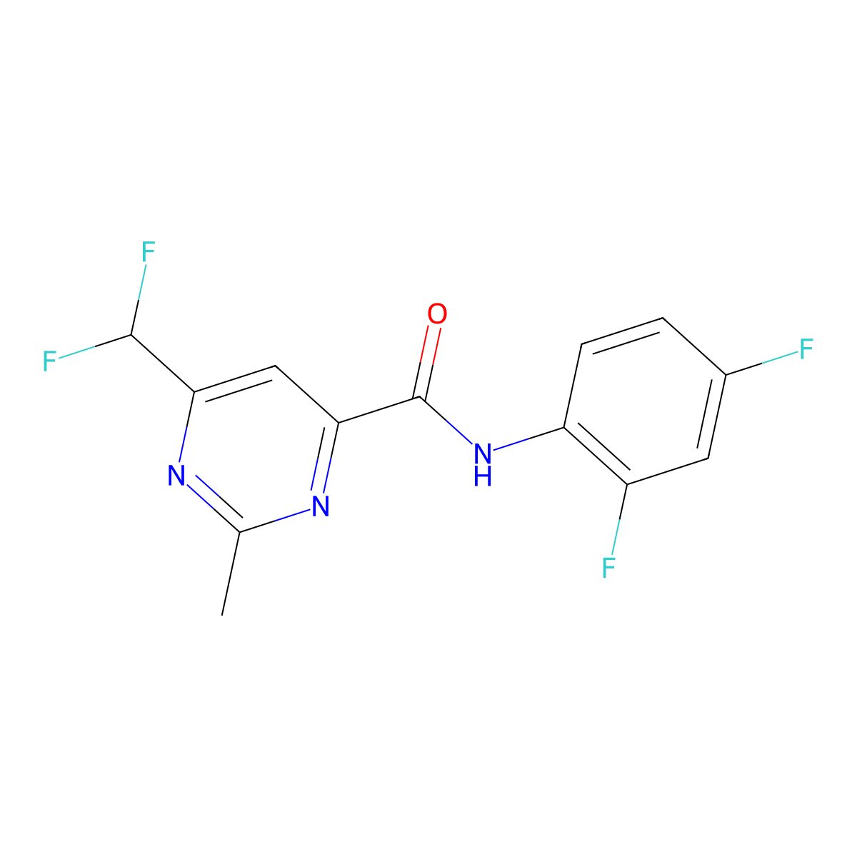 6-(difluoromethyl)-N-(2,4-difluorophenyl)-2-methylpyrimidine-4-carboxamide molecular structure, CAS 2877710-48-8