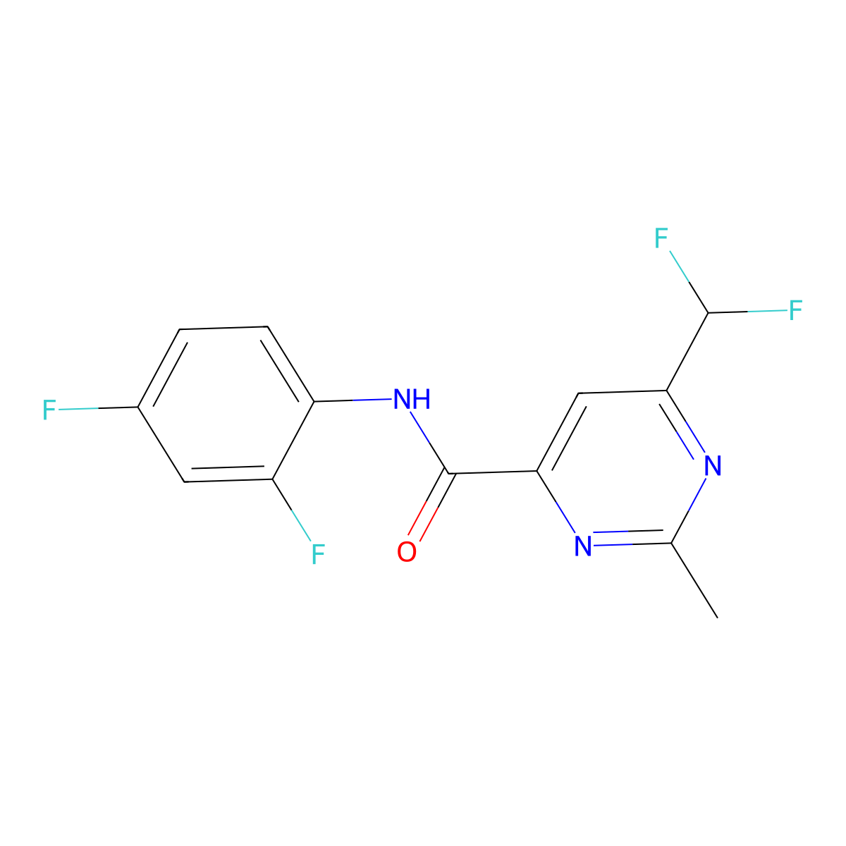 6-(difluoromethyl)-N-(2,4-difluorophenyl)-2-methylpyrimidine-4-carboxamide molecular structure, CAS 2877710-48-8