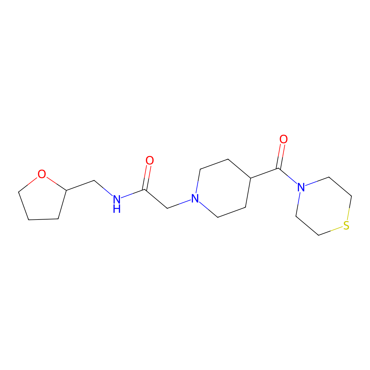 N-[(oxolan-2-yl)methyl]-2-[4-(thiomorpholine-4-carbonyl)piperidin-1-yl]acetamide molecular structure, CAS 2877710-49-9