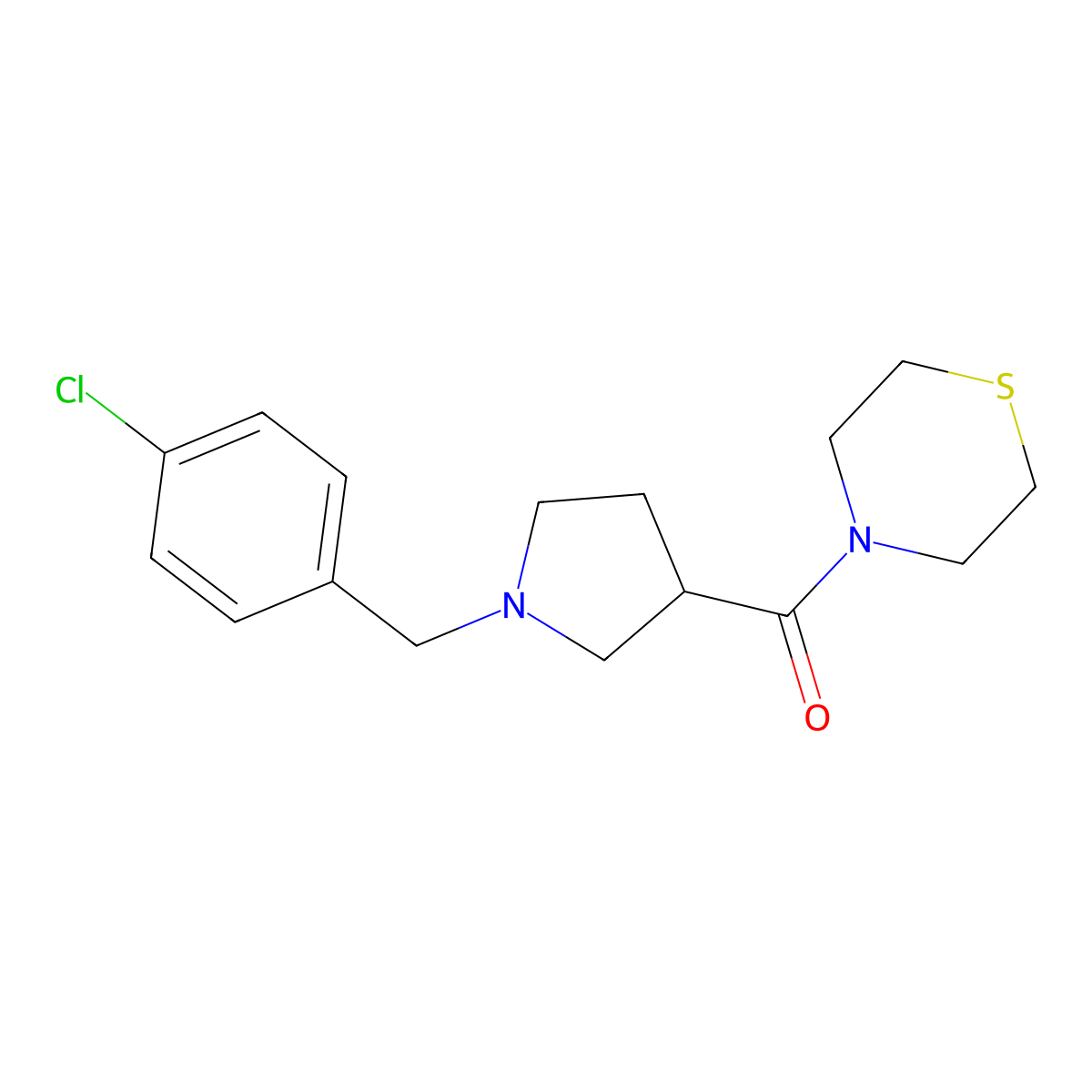 4-{1-[(4-Chlorophenyl)methyl]pyrrolidine-3-carbonyl}thiomorpholine molecular structure, CAS 2877710-51-3