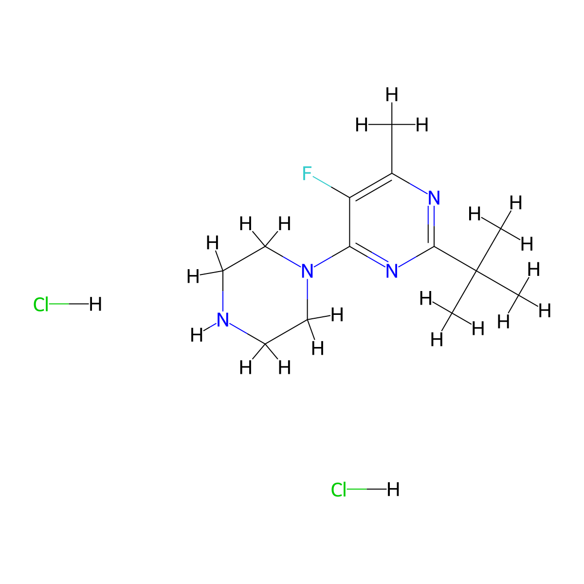2-Tert-butyl-5-fluoro-4-methyl-6-(piperazin-1-yl)pyrimidine dihydrochloride molecular structure, CAS 2877710-53-5