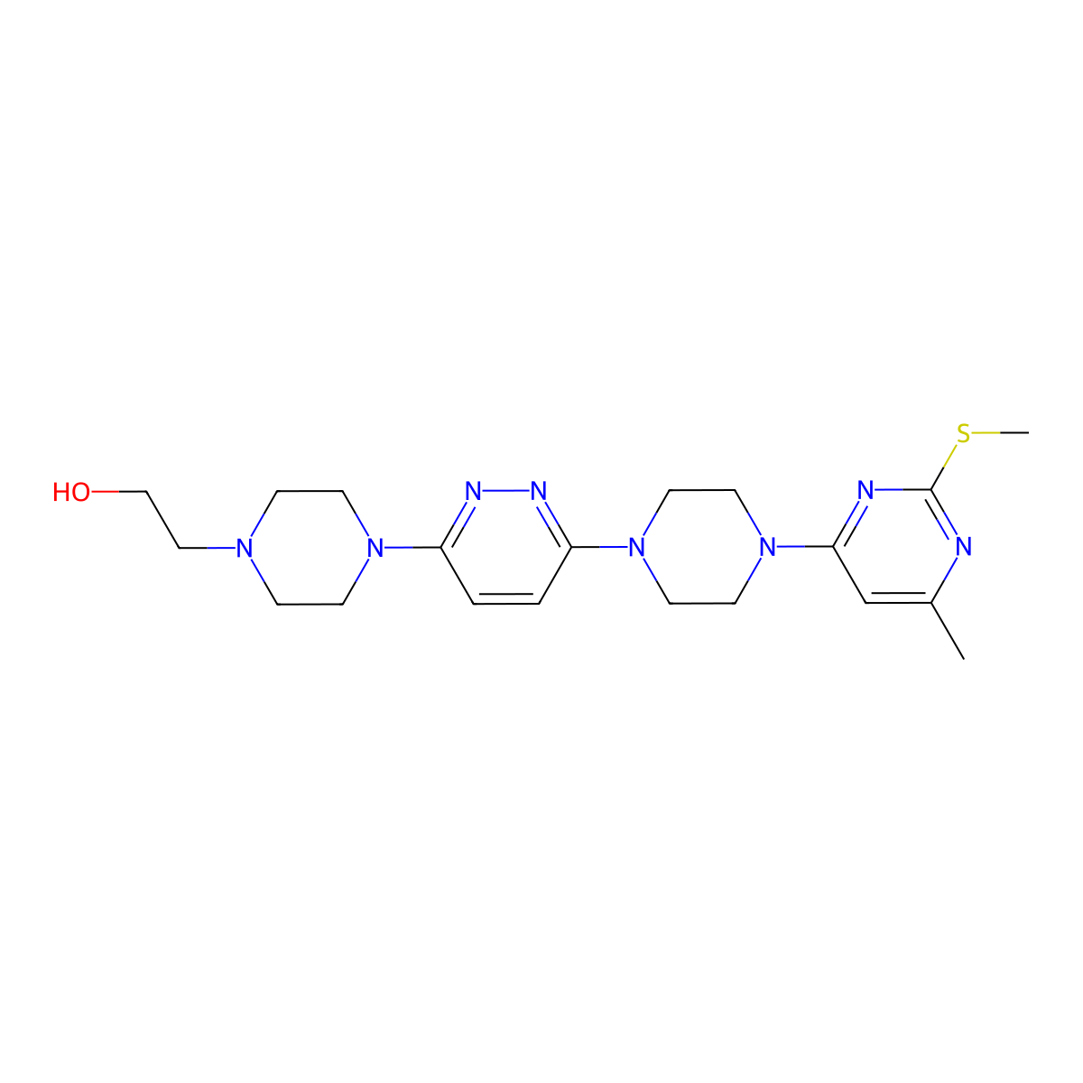 2-[4-(6-{4-[6-Methyl-2-(methylsulfanyl)pyrimidin-4-yl]piperazin-1-yl}pyridazin-3-yl)piperazin-1-yl]ethan-1-ol molecular structure, CAS 2877710-57-9