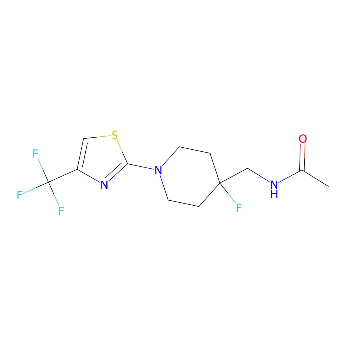N-({4-fluoro-1-[4-(trifluoromethyl)-1,3-thiazol-2-yl]piperidin-4-yl}methyl)acetamide molecular structure, CAS 2877710-59-1