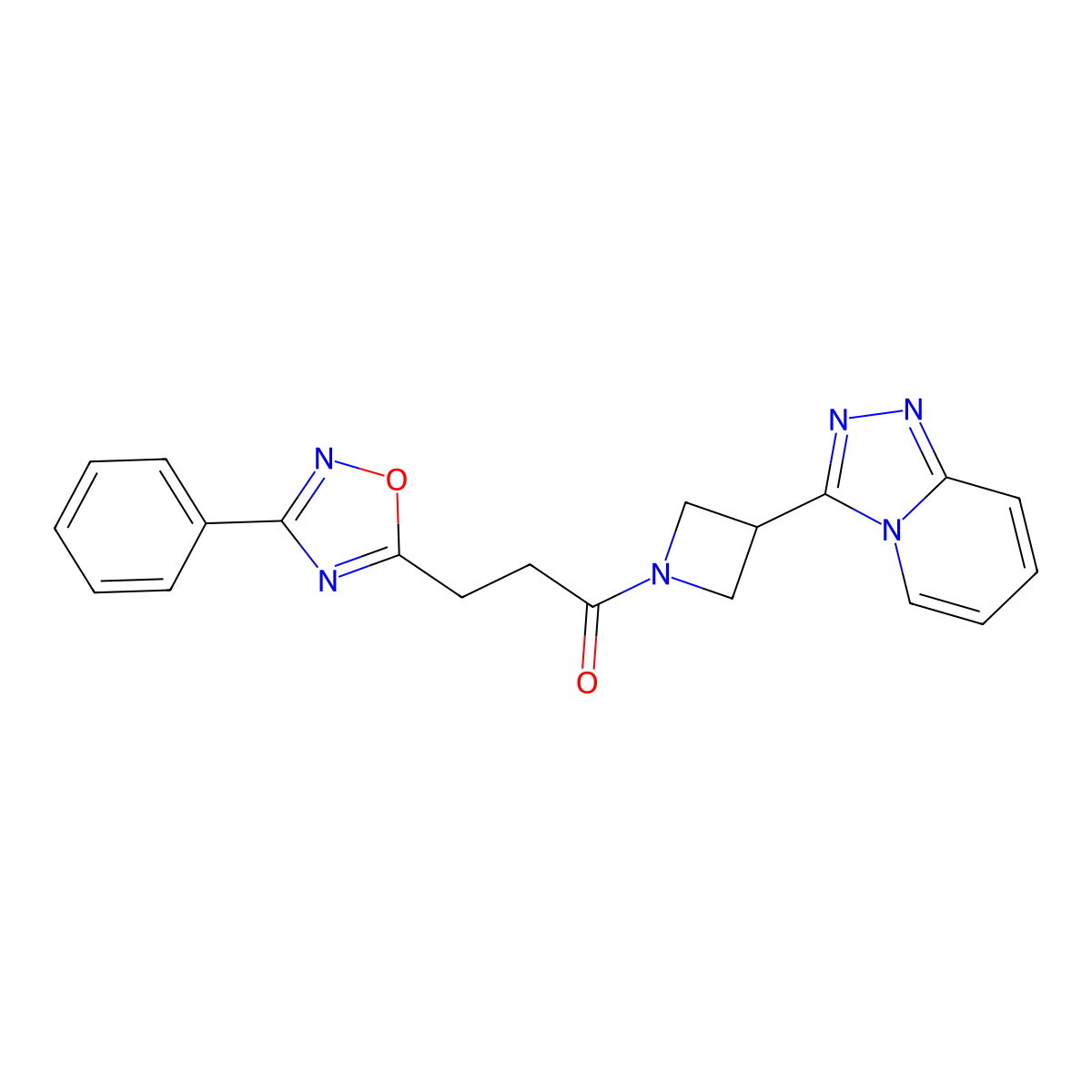 3-(3-Phenyl-1,2,4-oxadiazol-5-yl)-1-(3-{[1,2,4]triazolo[4,3-a]pyridin-3-yl}azetidin-1-yl)propan-1-one molecular structure, CAS 2877710-65-9