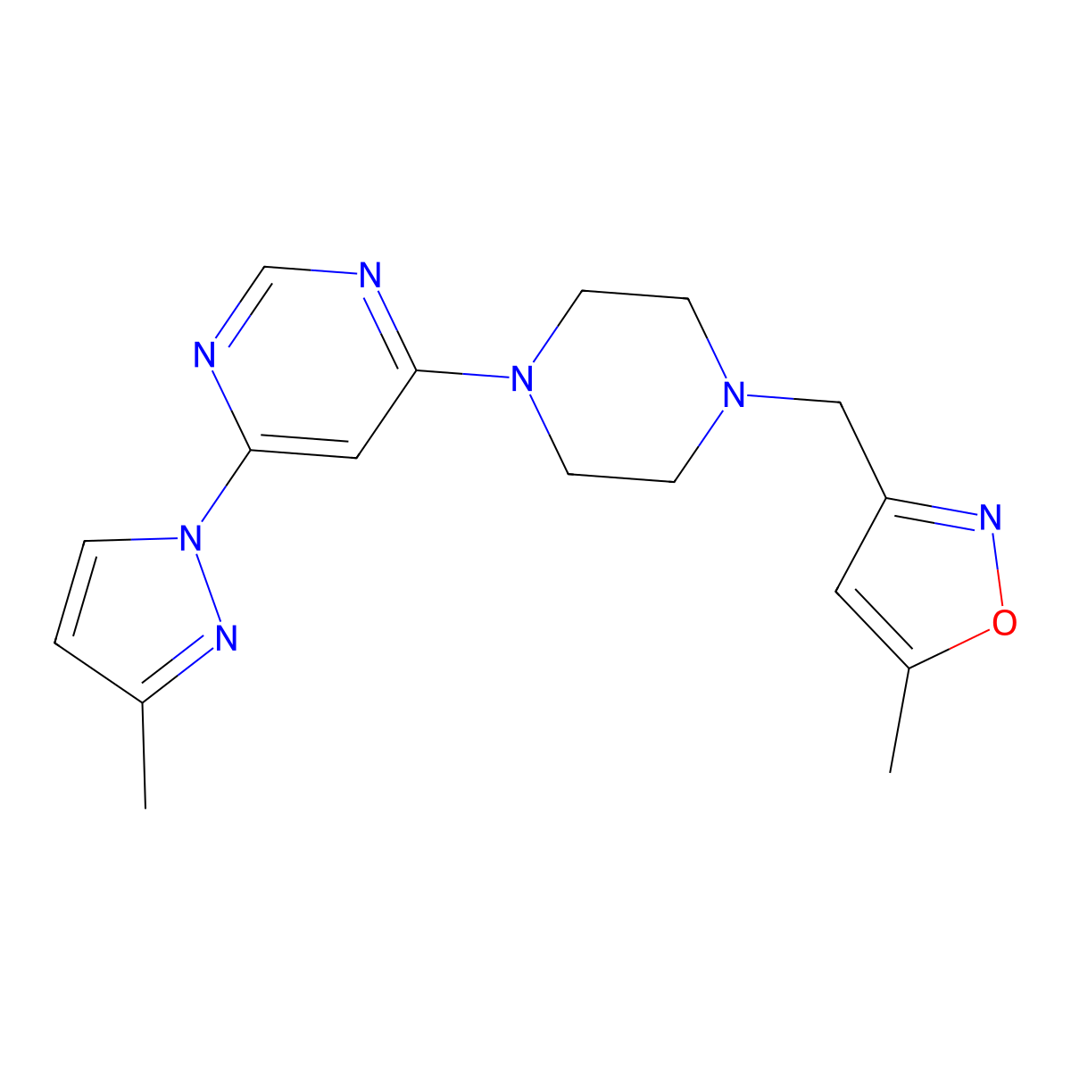 4-{4-[(5-methyl-1,2-oxazol-3-yl)methyl]piperazin-1-yl}-6-(3-methyl-1H-pyrazol-1-yl)pyrimidine molecular structure, CAS 2877710-72-8