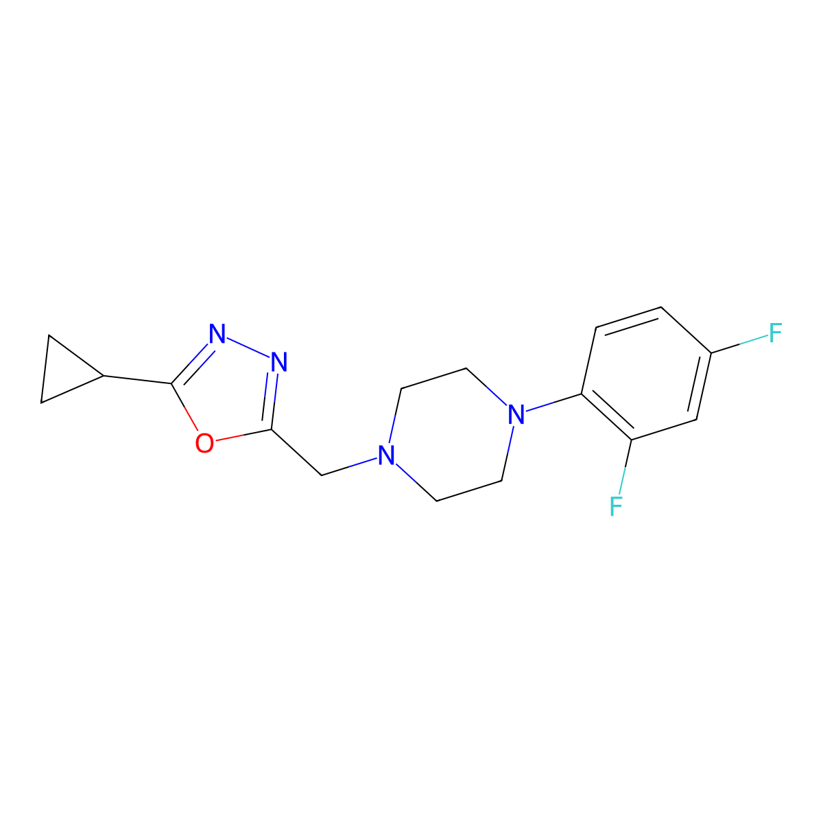 1-[(5-Cyclopropyl-1,3,4-oxadiazol-2-yl)methyl]-4-(2,4-difluorophenyl)piperazine molecular structure, CAS 2877710-78-4