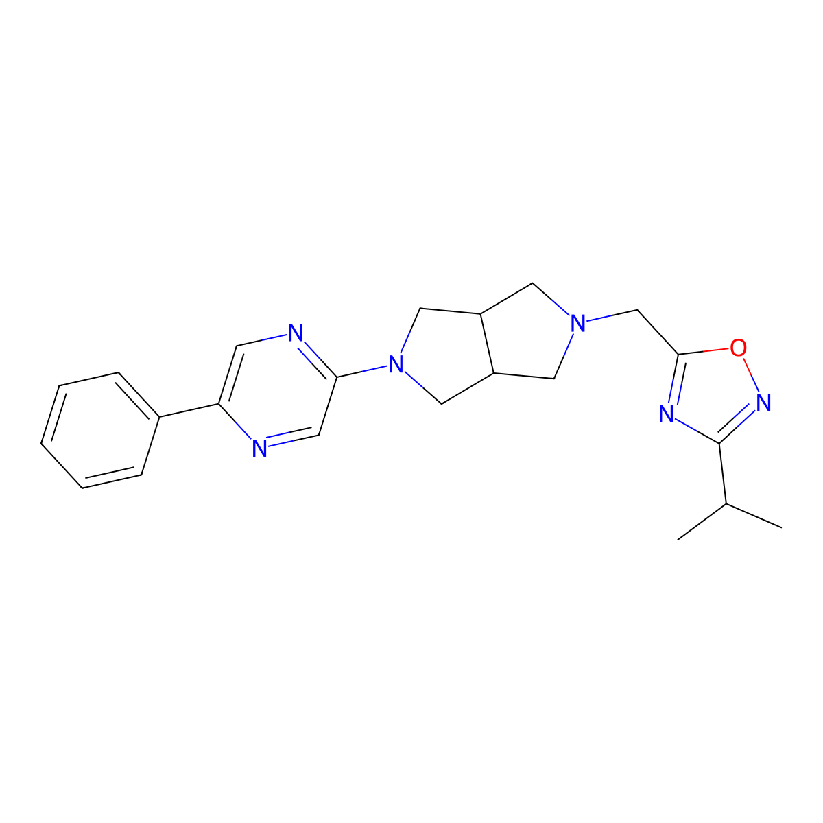 2-Phenyl-5-(5-{[3-(propan-2-yl)-1,2,4-oxadiazol-5-yl]methyl}-octahydropyrrolo[3,4-c]pyrrol-2-yl)pyrazine molecular structure, CAS 2877710-81-9
