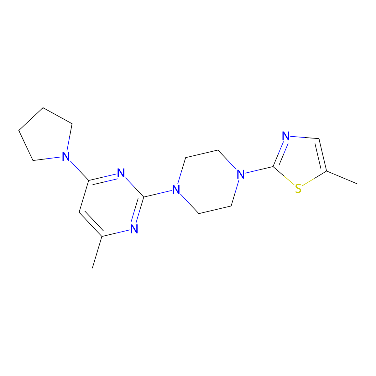 4-Methyl-2-[4-(5-methyl-1,3-thiazol-2-yl)piperazin-1-yl]-6-(pyrrolidin-1-yl)pyrimidine molecular structure, CAS 2877710-96-6