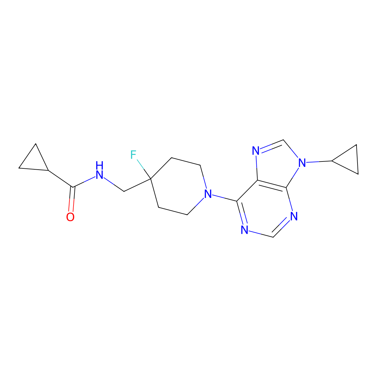 N-{[1-(9-cyclopropyl-9H-purin-6-yl)-4-fluoropiperidin-4-yl]methyl}cyclopropanecarboxamide molecular structure, CAS 2877711-04-9