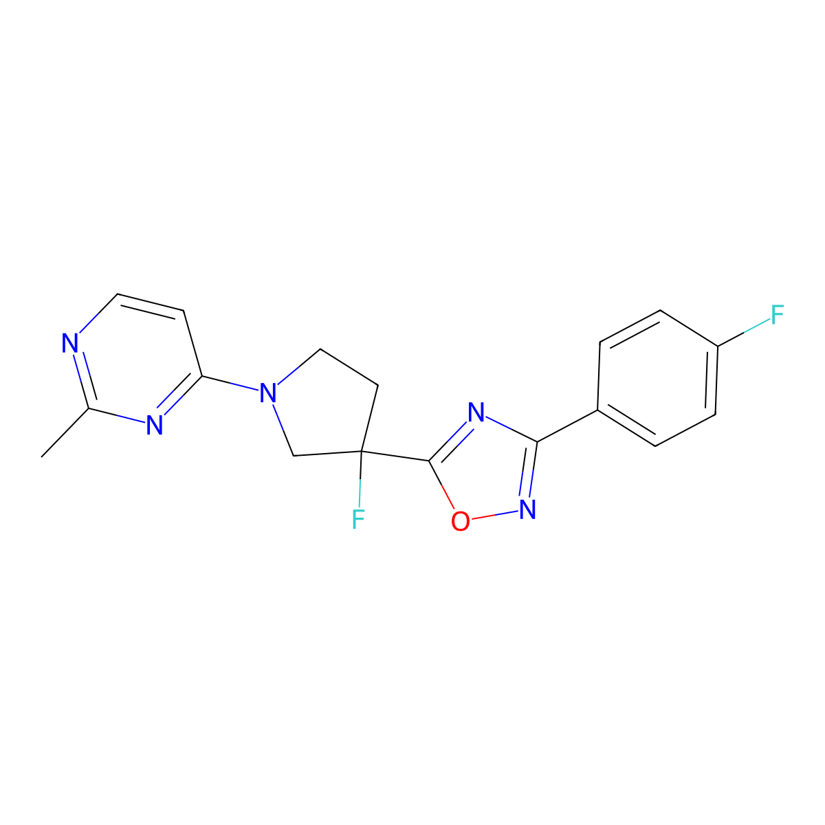 4-{3-Fluoro-3-[3-(4-fluorophenyl)-1,2,4-oxadiazol-5-yl]pyrrolidin-1-yl}-2-methylpyrimidine molecular structure, CAS 2877711-14-1