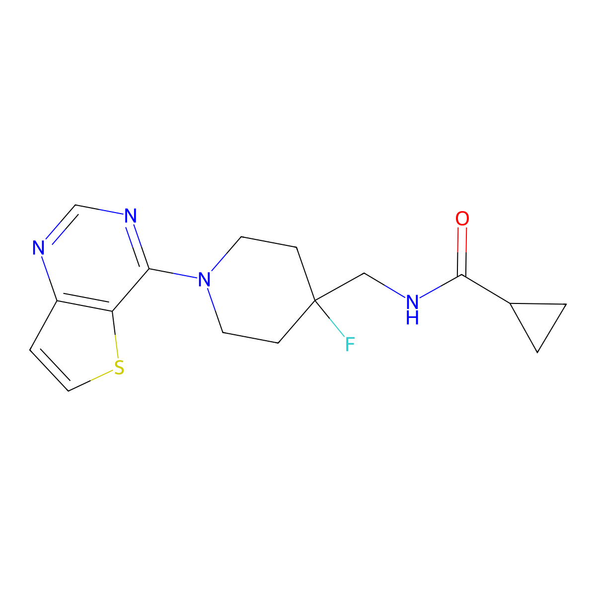 N-[(4-fluoro-1-{thieno[3,2-d]pyrimidin-4-yl}piperidin-4-yl)methyl]cyclopropanecarboxamide molecular structure, CAS 2877711-15-2