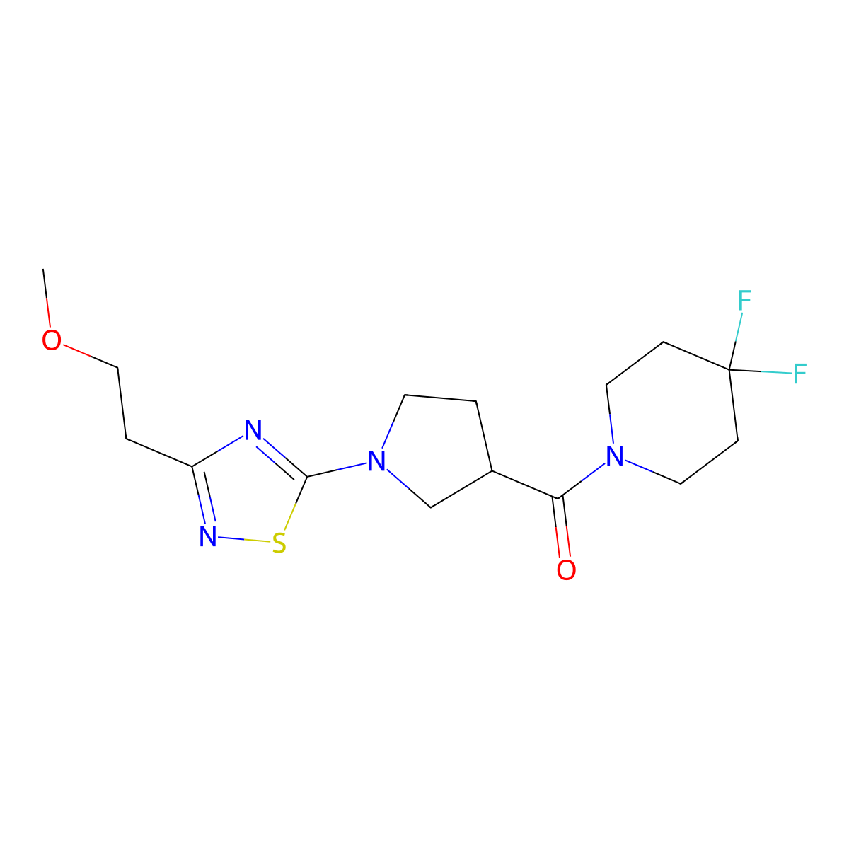4,4-Difluoro-1-{1-[3-(2-methoxyethyl)-1,2,4-thiadiazol-5-yl]pyrrolidine-3-carbonyl}piperidine molecular structure, CAS 2877711-19-6