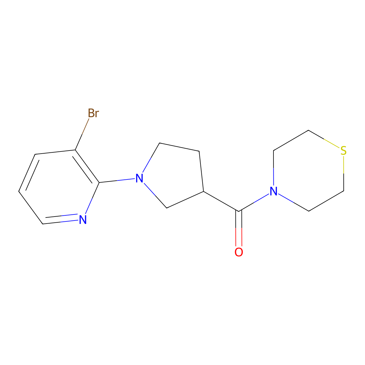 4-[1-(3-Bromopyridin-2-yl)pyrrolidine-3-carbonyl]thiomorpholine molecular structure, CAS 2877711-20-9