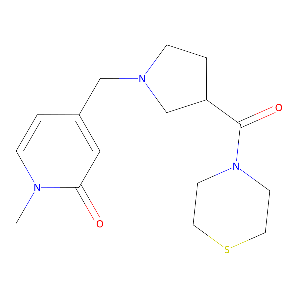 1-Methyl-4-{[3-(thiomorpholine-4-carbonyl)pyrrolidin-1-yl]methyl}-1,2-dihydropyridin-2-one molecular structure, CAS 2877711-26-5