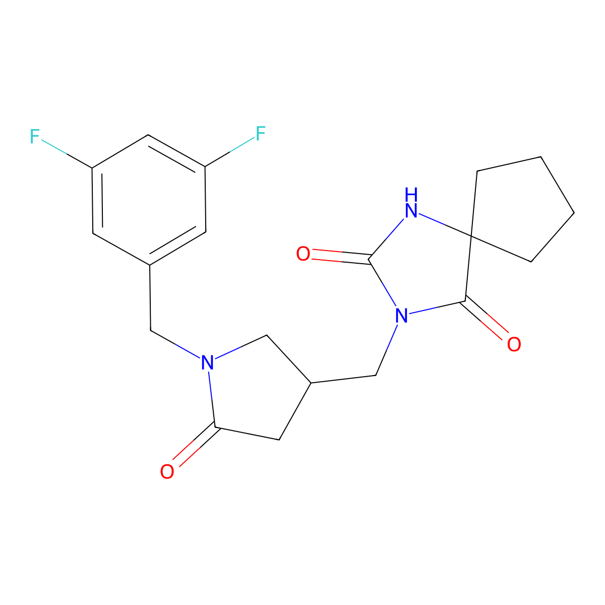 3-({1-[(3,5-Difluorophenyl)methyl]-5-oxopyrrolidin-3-yl}methyl)-1,3-diazaspiro[4.4]nonane-2,4-dione molecular structure, CAS 2877711-30-1