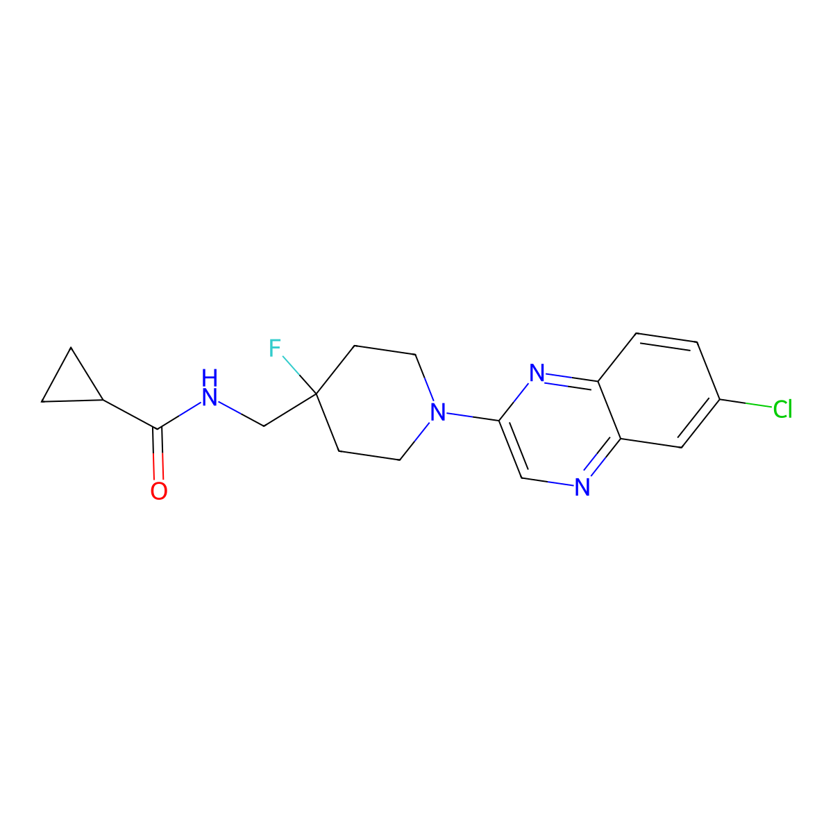 N-{[1-(6-chloroquinoxalin-2-yl)-4-fluoropiperidin-4-yl]methyl}cyclopropanecarboxamide molecular structure, CAS 2877711-33-4