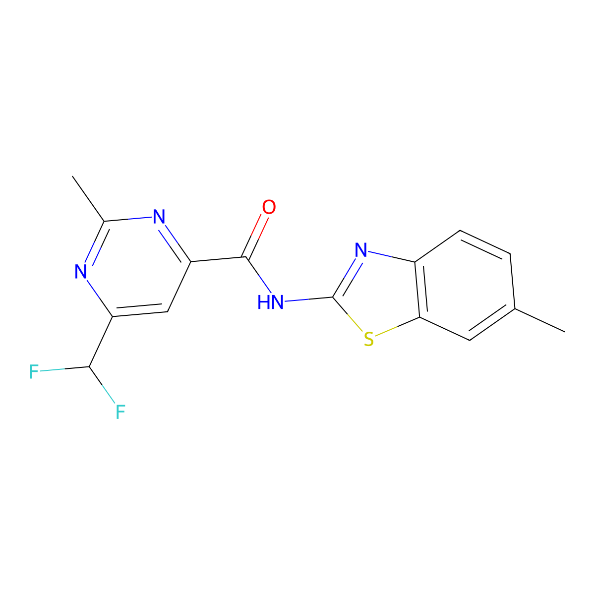 6-(difluoromethyl)-2-methyl-N-(6-methyl-1,3-benzothiazol-2-yl)pyrimidine-4-carboxamide molecular structure, CAS 2877711-34-5