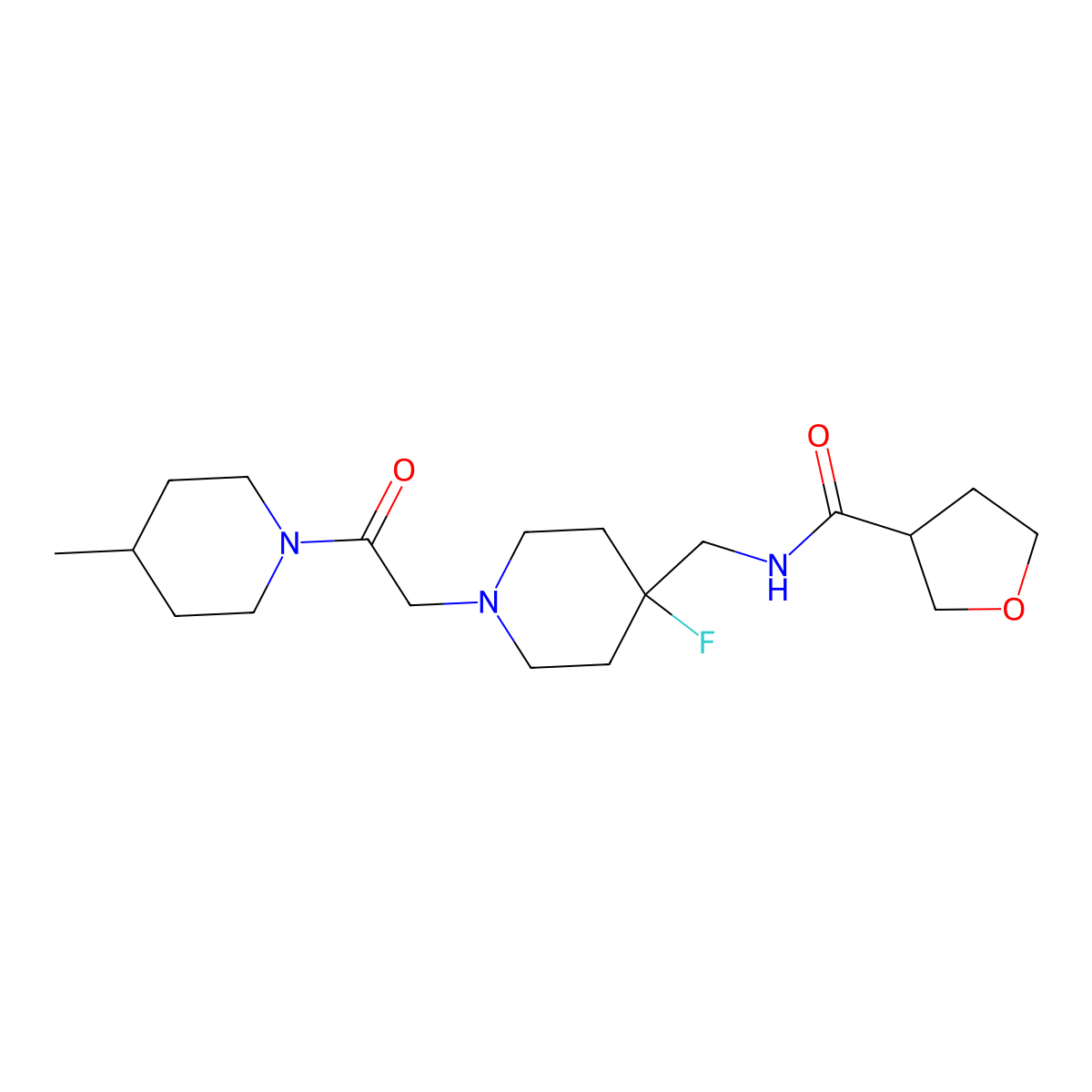 N-({4-fluoro-1-[2-(4-methylpiperidin-1-yl)-2-oxoethyl]piperidin-4-yl}methyl)oxolane-3-carboxamide molecular structure, CAS 2877711-35-6