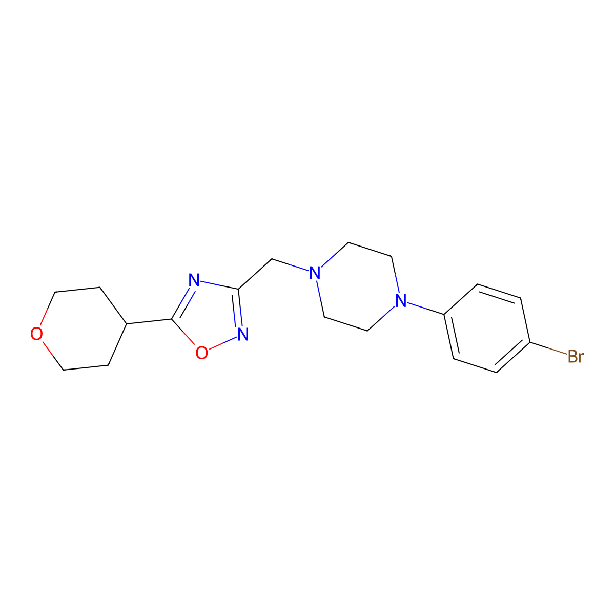 1-(4-Bromophenyl)-4-{[5-(oxan-4-yl)-1,2,4-oxadiazol-3-yl]methyl}piperazine molecular structure, CAS 2877711-44-7