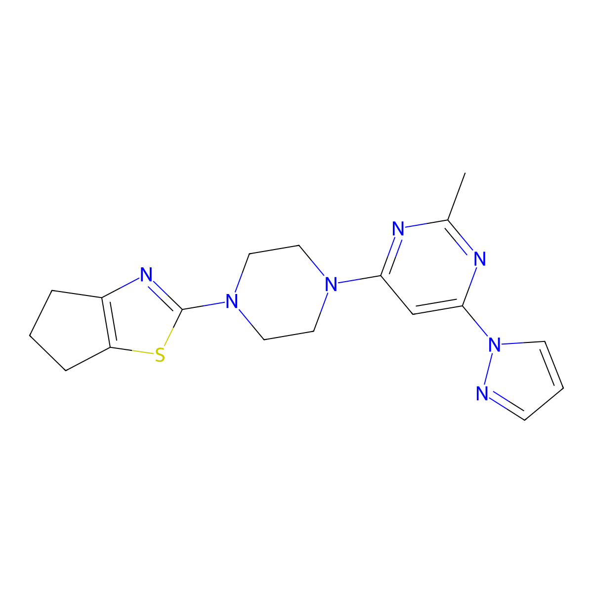 4-(4-{4H,5H,6H-cyclopenta[d][1,3]thiazol-2-yl}piperazin-1-yl)-2-methyl-6-(1H-pyrazol-1-yl)pyrimidine molecular structure, CAS 2877711-50-5