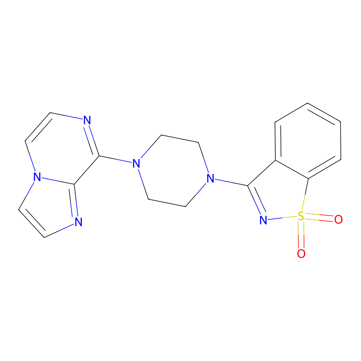 3-(4-Imidazo[1,2-a]pyrazin-8-ylpiperazin-1-yl)-1,2-benzothiazole 1,1-dioxide molecular structure, CAS 2877711-56-1