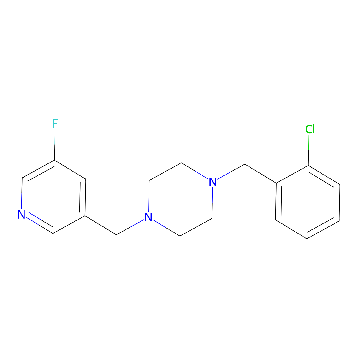 1-[(2-Chlorophenyl)methyl]-4-[(5-fluoropyridin-3-yl)methyl]piperazine molecular structure, CAS 2877711-64-1