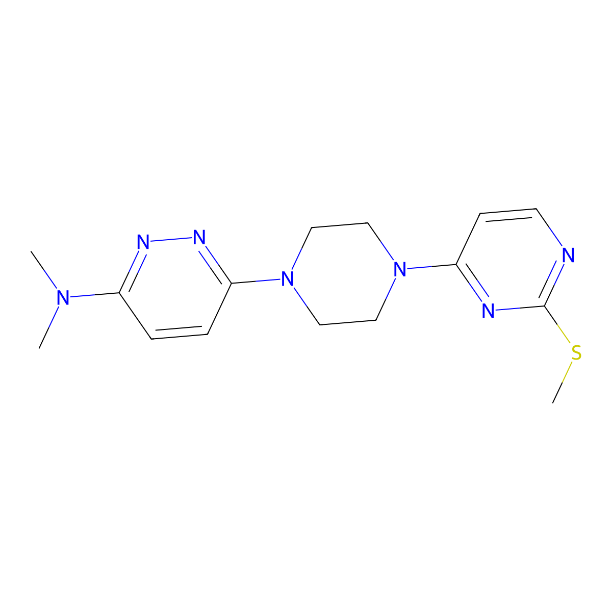 N,N-dimethyl-6-{4-[2-(methylsulfanyl)pyrimidin-4-yl]piperazin-1-yl}pyridazin-3-amine molecular structure, CAS 2877711-66-3