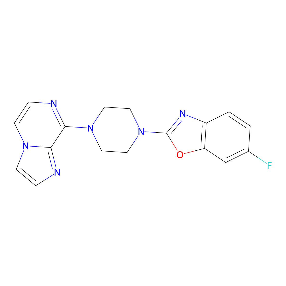 6-Fluoro-2-(4-{imidazo[1,2-a]pyrazin-8-yl}piperazin-1-yl)-1,3-benzoxazole molecular structure, CAS 2877711-67-4