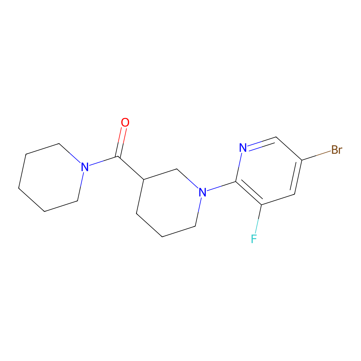 5-Bromo-3-fluoro-2-[3-(piperidine-1-carbonyl)piperidin-1-yl]pyridine molecular structure, CAS 2877711-69-6